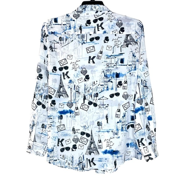 Karl Lagerfeld Paris Women's Long Sleeve Whimsical Blue and Black Blouse size L - Picture 4 of 12